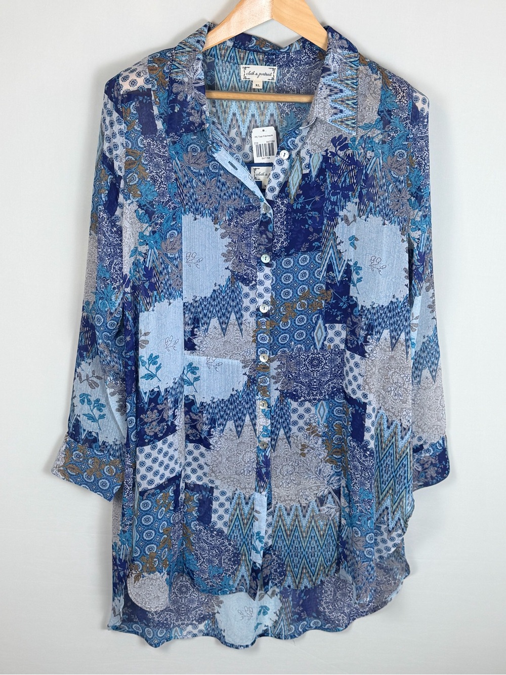 Cloth & Portrait Blue Patchwork Layered Tunic Top XL Sheer Boho
